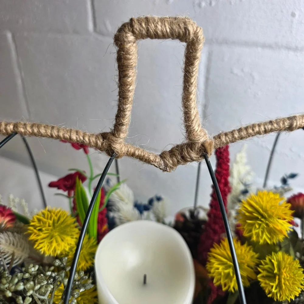 Rustic Fall Wire 3D Pumpkin Centerpiece Faux Florals Flameless Candle